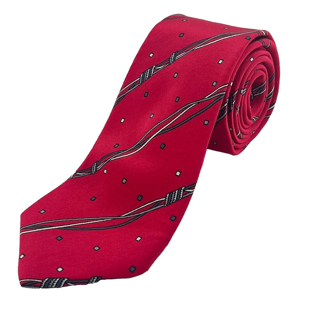Pierre Balmain Tie Mens Red Silk Hand Made Italy Geometric Rope Stripe Pattern